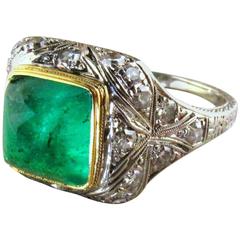  Art Deco Cabachon Emerald Diamond Platinum Ring