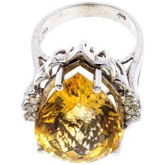 Large Pear Lemon Citrine Ring with Six Accent Diamonds in White Gold 9