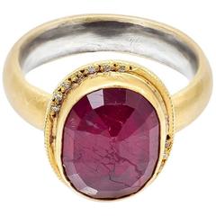Large Faceted Oval Ruby Diamond Yellow Gold Ring 1
