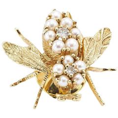 Vintage Pearl Diamond Gold Bee Pin