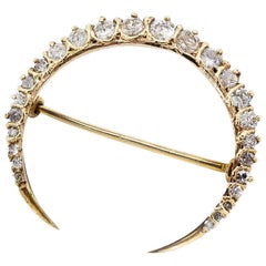 Antique Art Deco Diamond and Gold Crescent Moon Pin Brooch