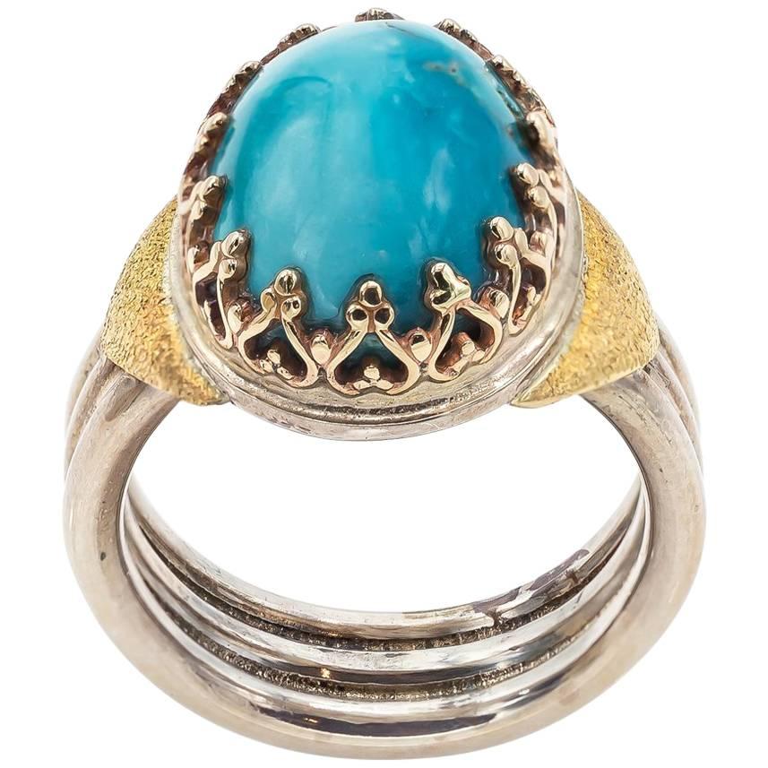 Oval Turquoise Yellow Gold Bezel Sterling Silver Band Ring