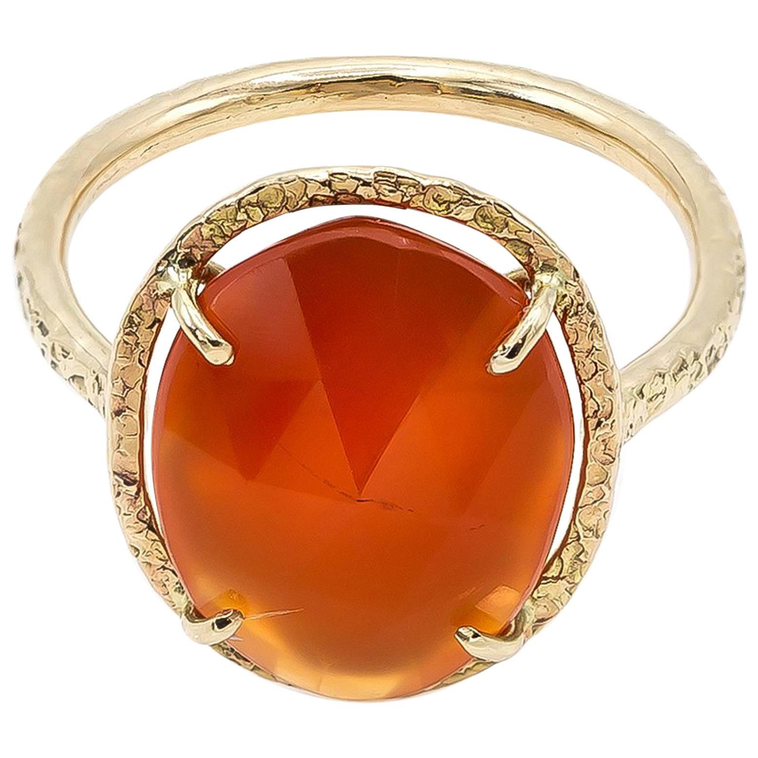 Rose Cut Carnelian Hammered Yellow Gold Ring