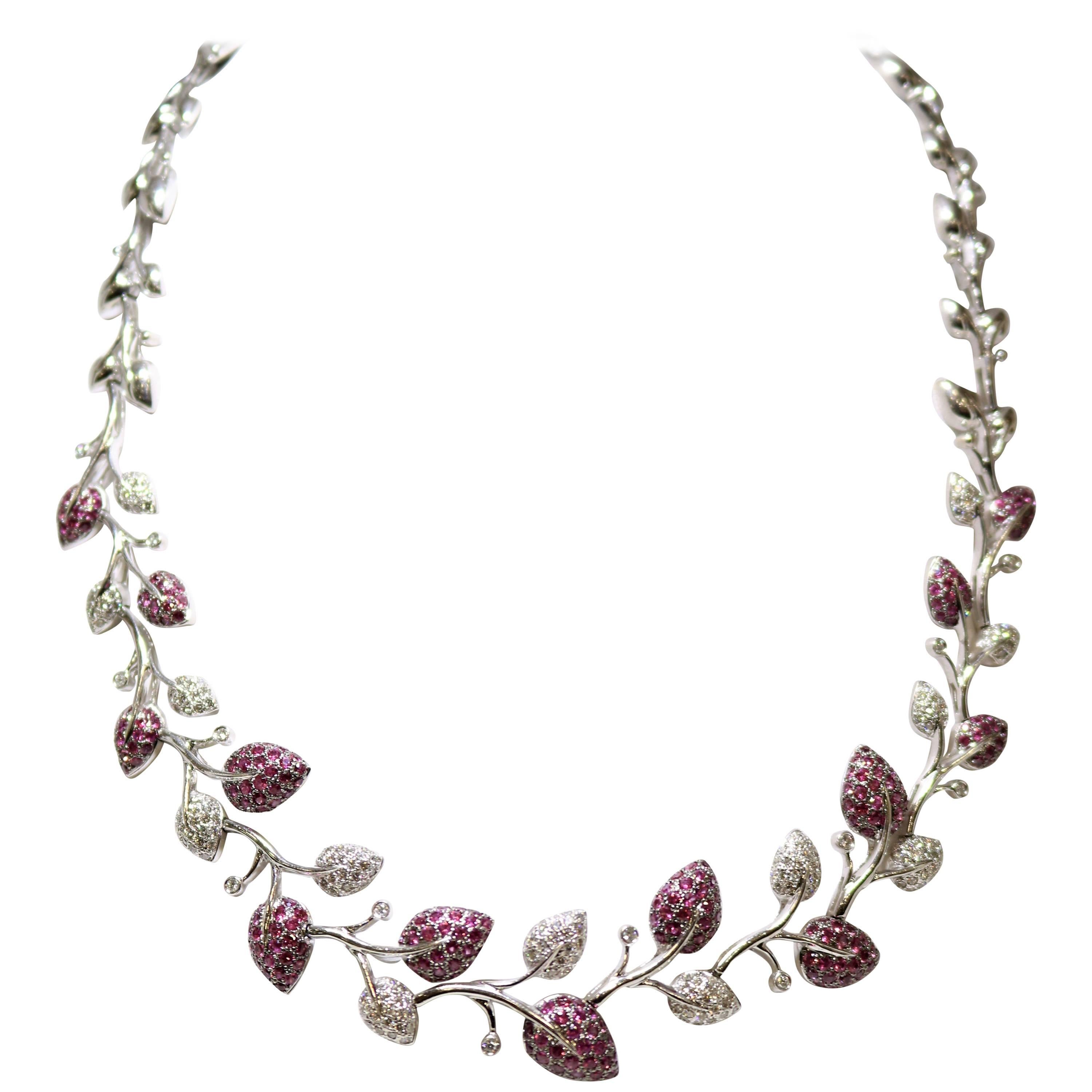White Diamond and Pink Sapphire Floral Necklace For Sale