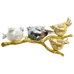 South Sea Tahitian Pearl Diamond Family of Birds on a Branch Gold Brooch Pin