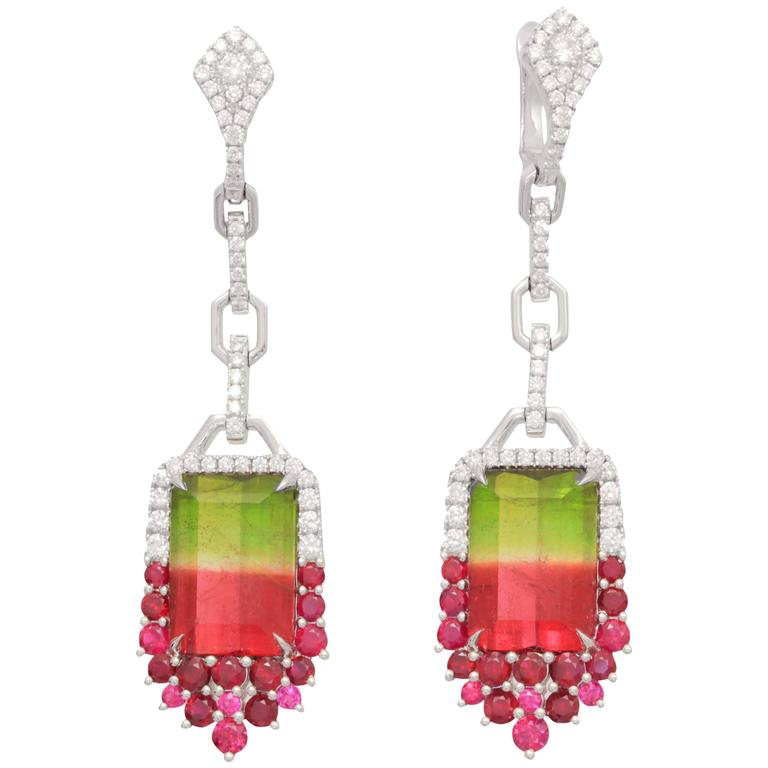 Frederic Sage 15 78 Carat Watermelon Tourmaline Diamond Ruby Frederic Sage 15 78 Carat Watermelon Tourmaline Diamond Ruby Earrings For