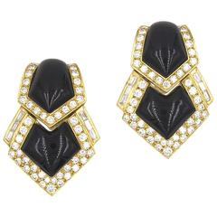 Retro Geometric Onyx Diamond Yellow Gold Clip Earrings