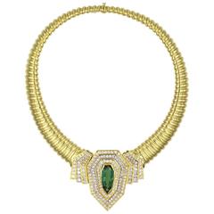 1970s Green Tourmaline Diamond Yellow Gold Statement Necklace