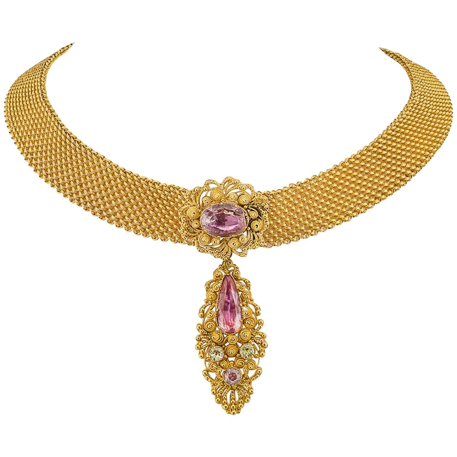 1830s English Georgian Pink Topaz Cannetille Gold Choker