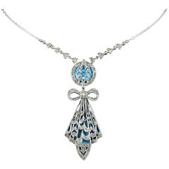 Antique Art Deco Silver Blue Enamel Pendant Necklace