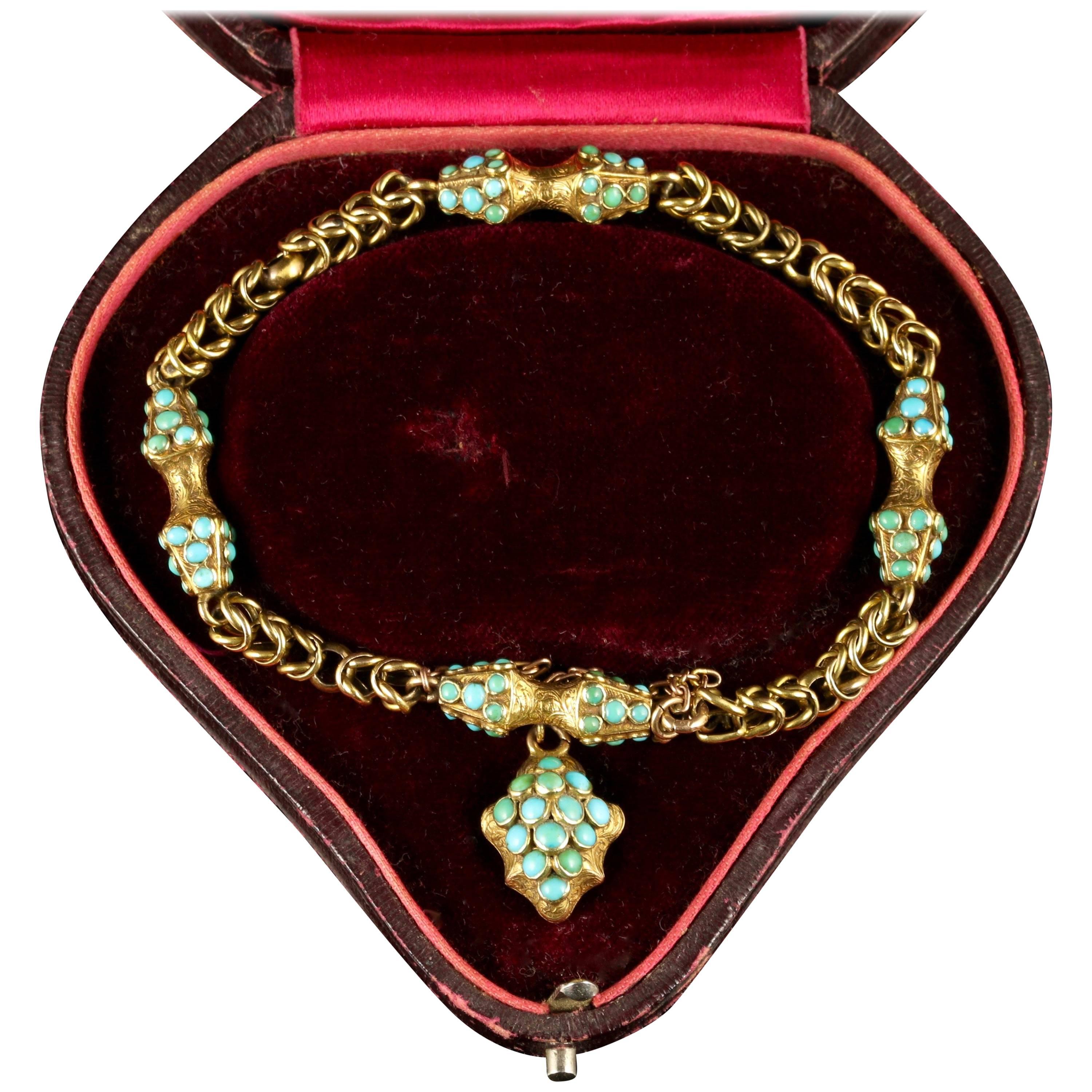 Antique Georgian Turquoise 18 Carat Gold Bracelet Boxed with Locket