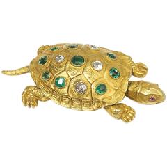 Victorian Edmond Plisson Emerald Diamond Gold Turtle Brooch 1