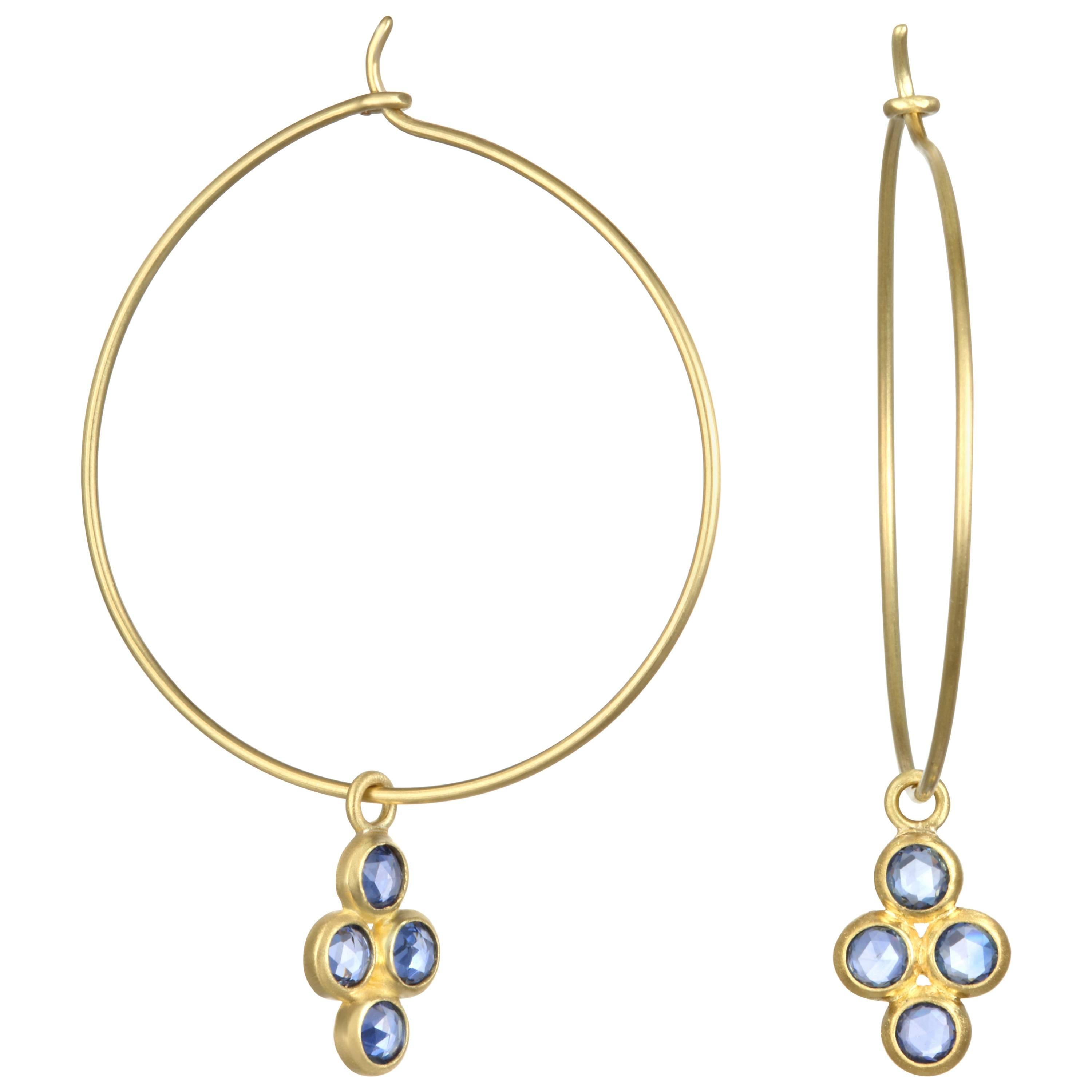 Faye Kim 18k Gold Wire Hoop Earrings with Blue Sapphire Drops