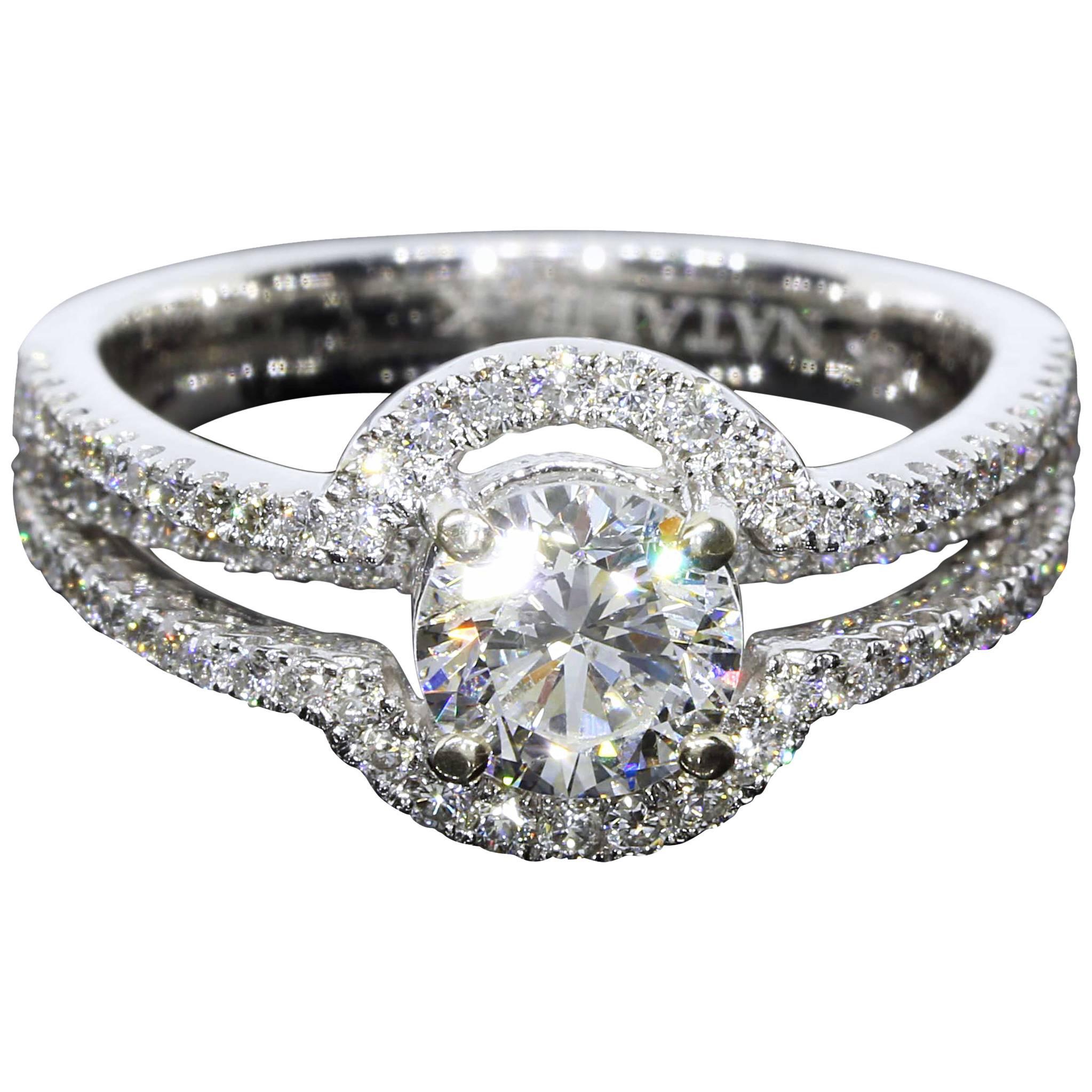 Natalie K Round Diamond White Gold Three-Row Halo Engagement Ring