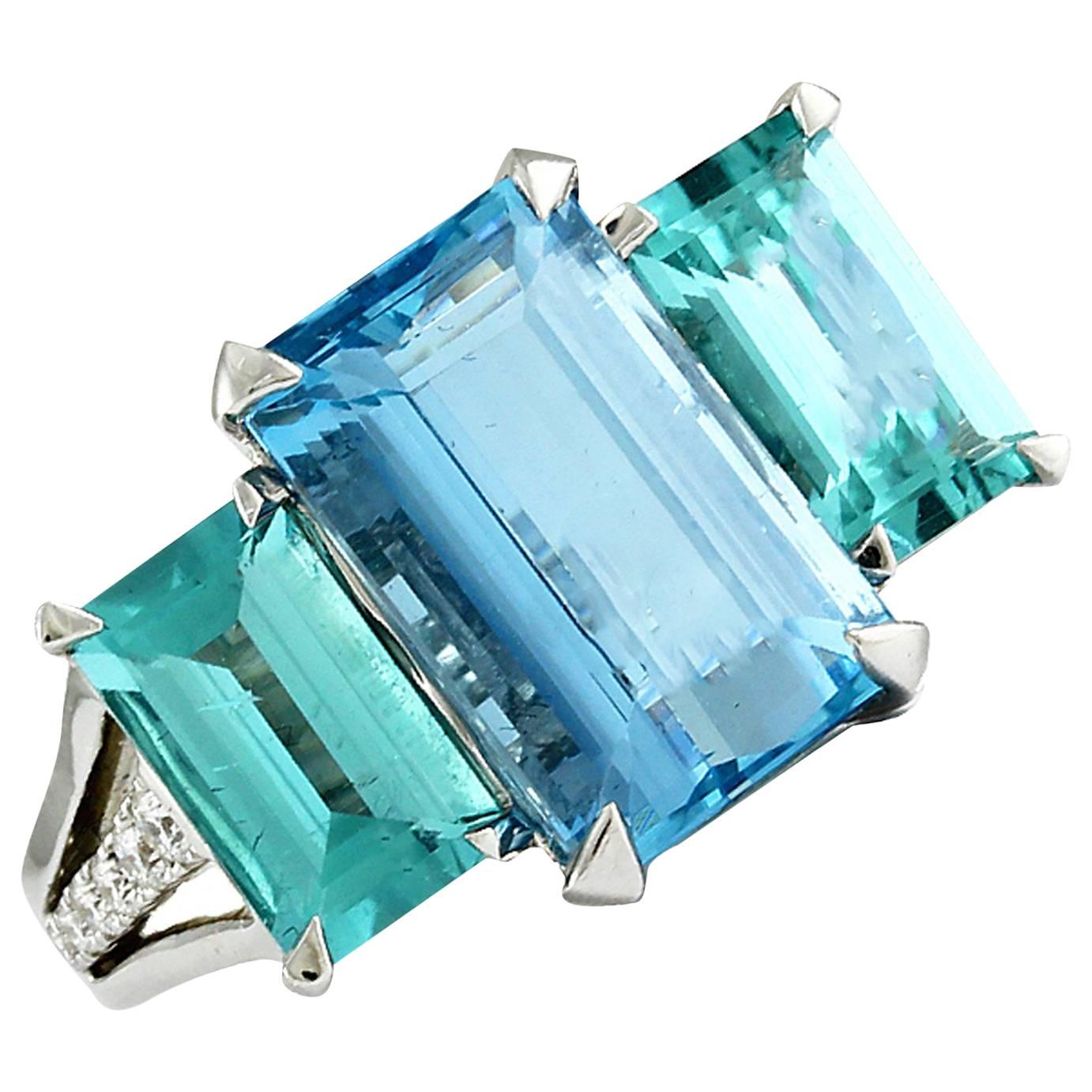 Frederic Sage 4.83 Aquamarine & 2.50 Green Tourmaline Cocktail Ring For Sale