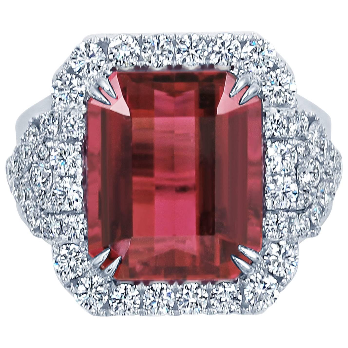 Frederic Sage One of Kind Rubellite and Diamond ring set in 18K White Gold. 

Rubellite 10.19 Carats
Diamond Count 56
Diamond Weight 1.55 Carats