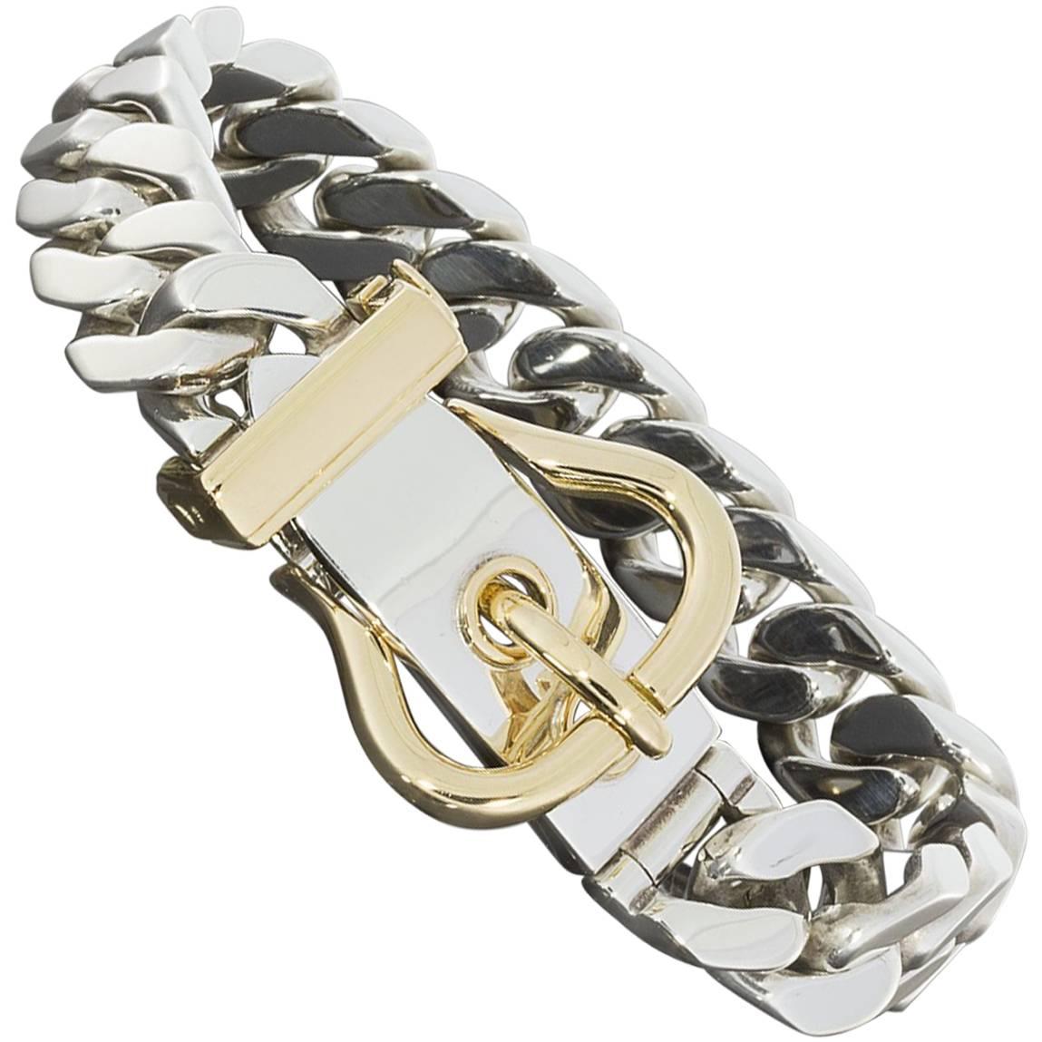 1970s Hermès Silver Yellow Gold Buckle Clasp Curb Link Bracelet