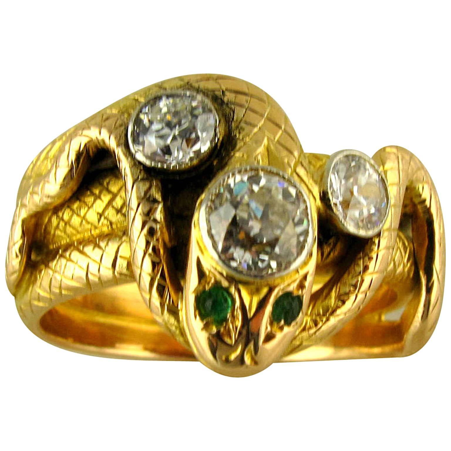 Victorian Diamond Emerald Gold Snake Ring