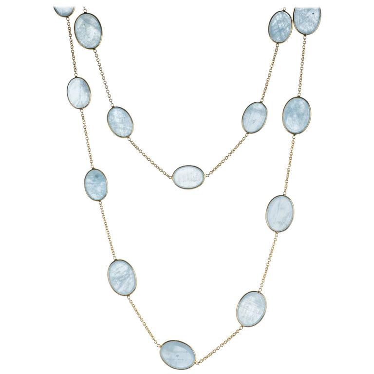 Aquamarine and 18 Karat Yellow Gold Station Necklace at 1stDibs