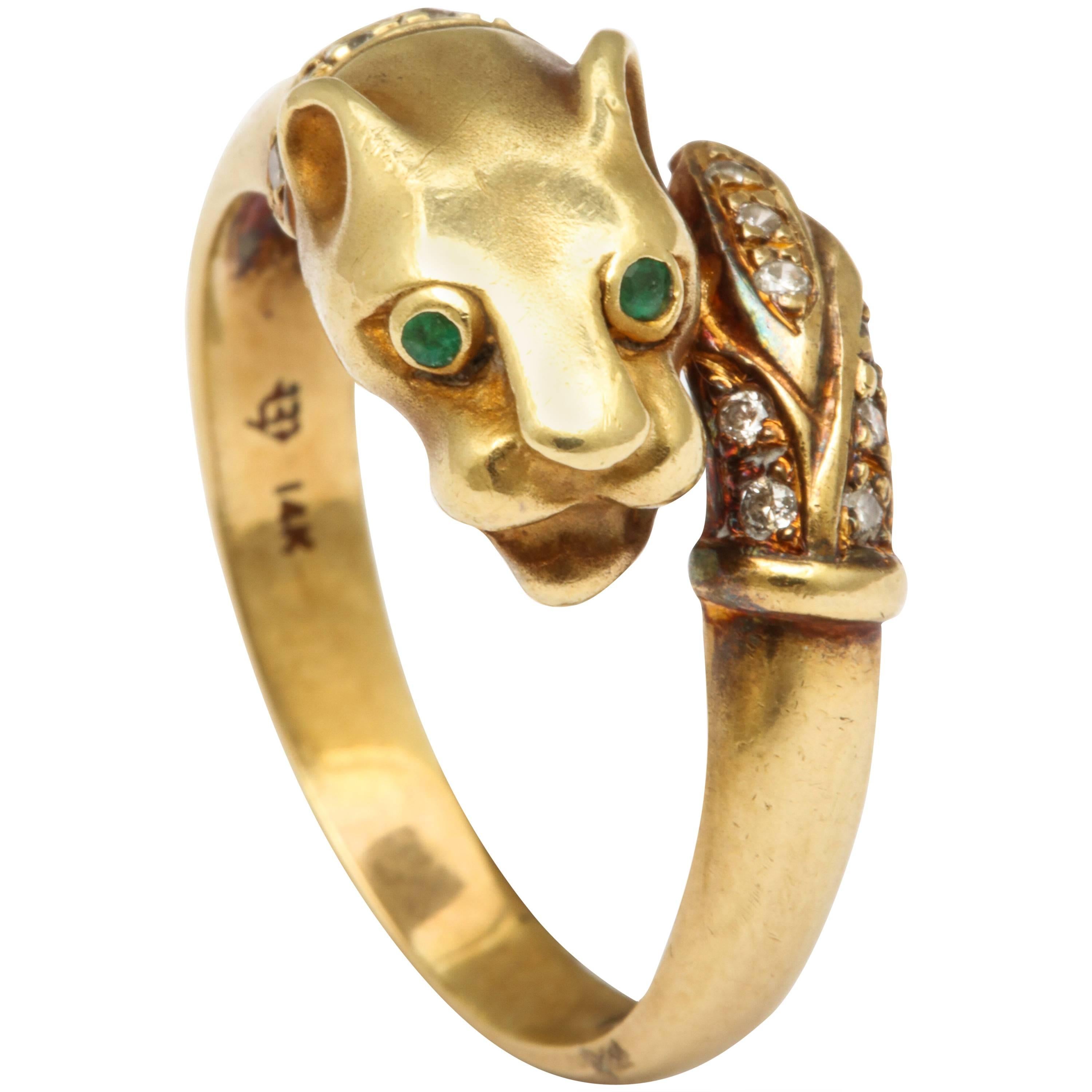 Emerald Eyed Gold Panther Ring