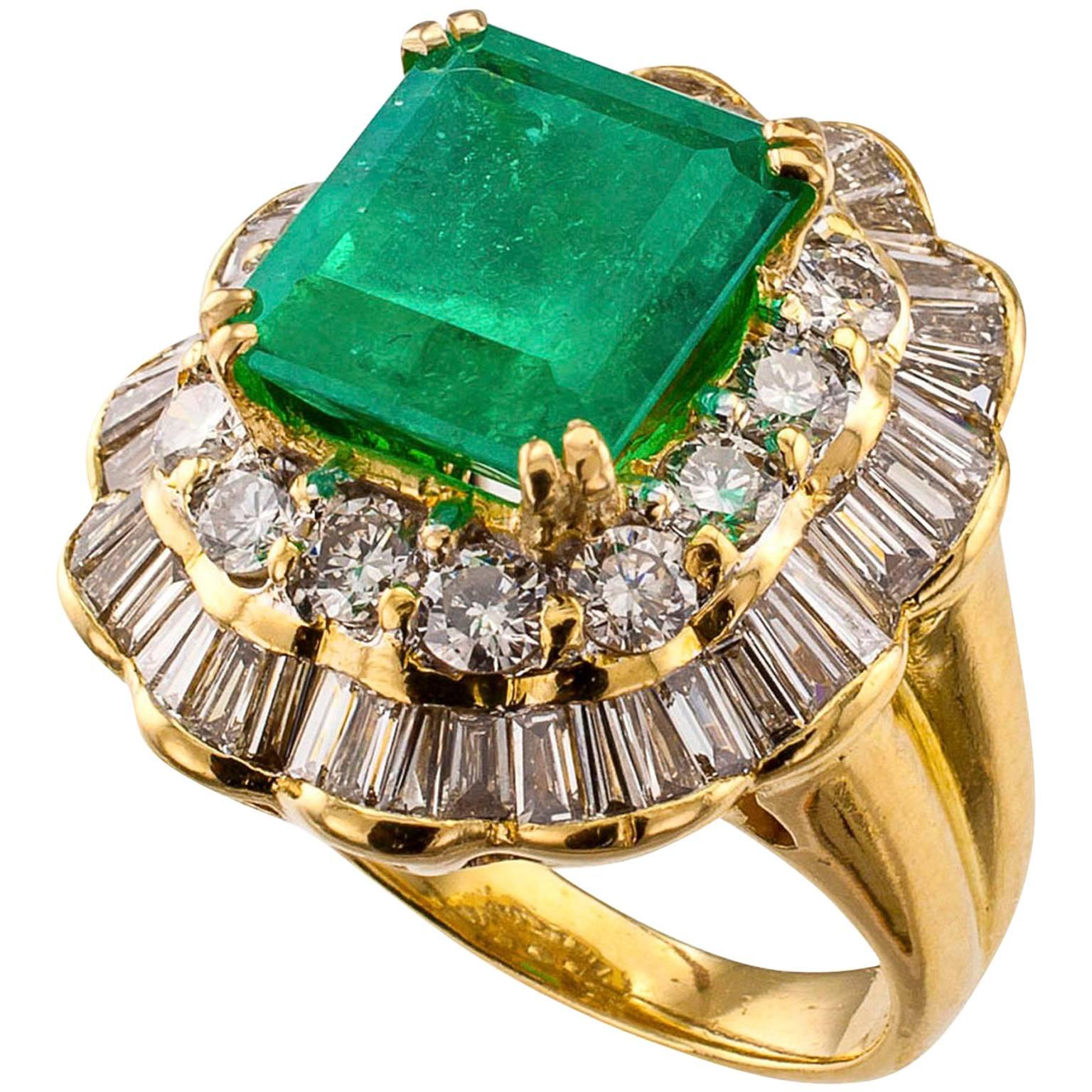 3.75 Carat Square-Cut Emerald Diamond Gold Cluster Ring