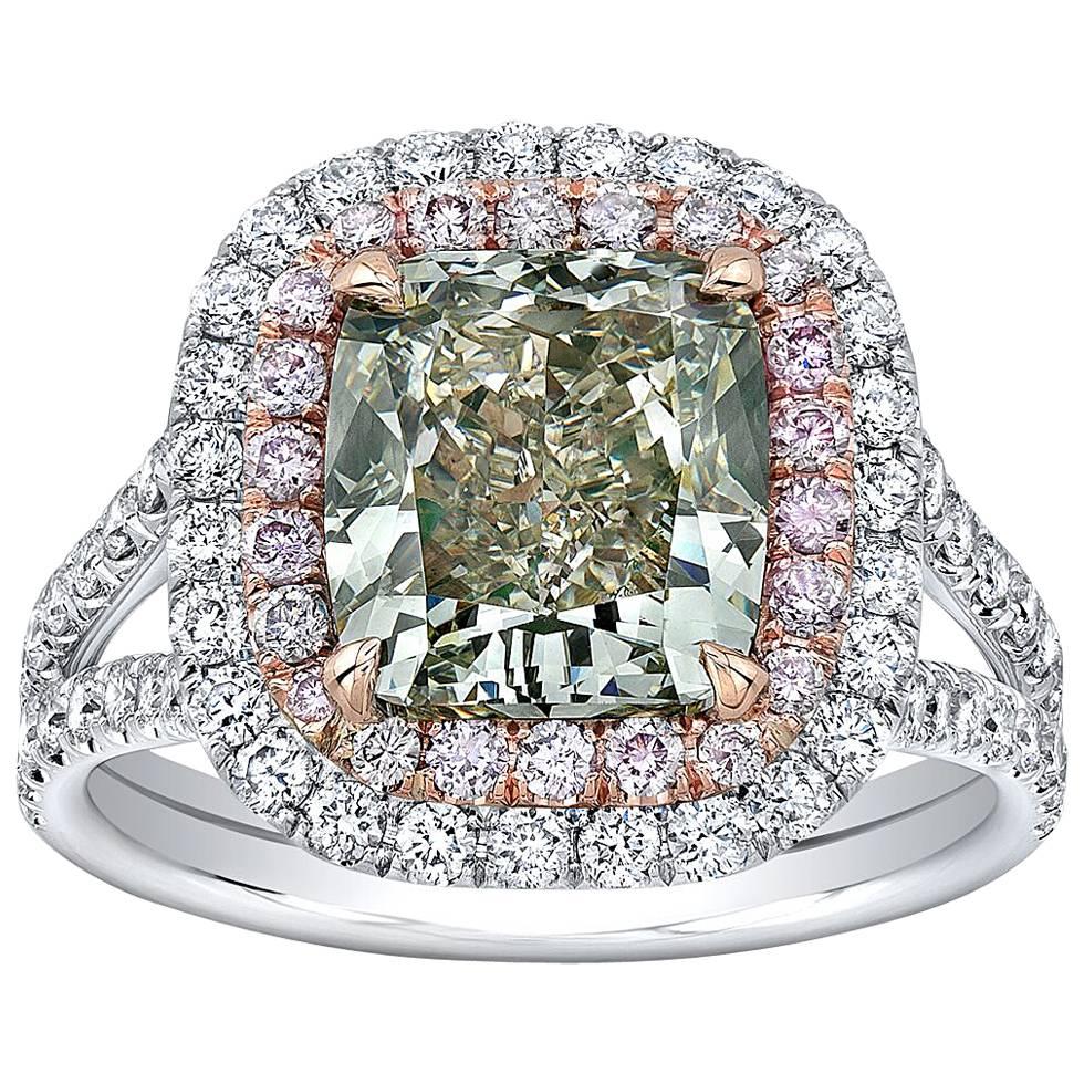 GIA Certified 3.06 Carat Fancy Grey Greenish Yellow Diamond Cushion Ring