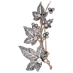 Antique 1870s French Diamond Ivy Leaves Double Spray Brooch