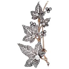 1870s French Diamond Ivy Leaves Double Spray Brooch 1