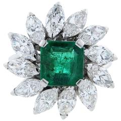 French Emerald Diamond Platinum Pinwheel Design Ring