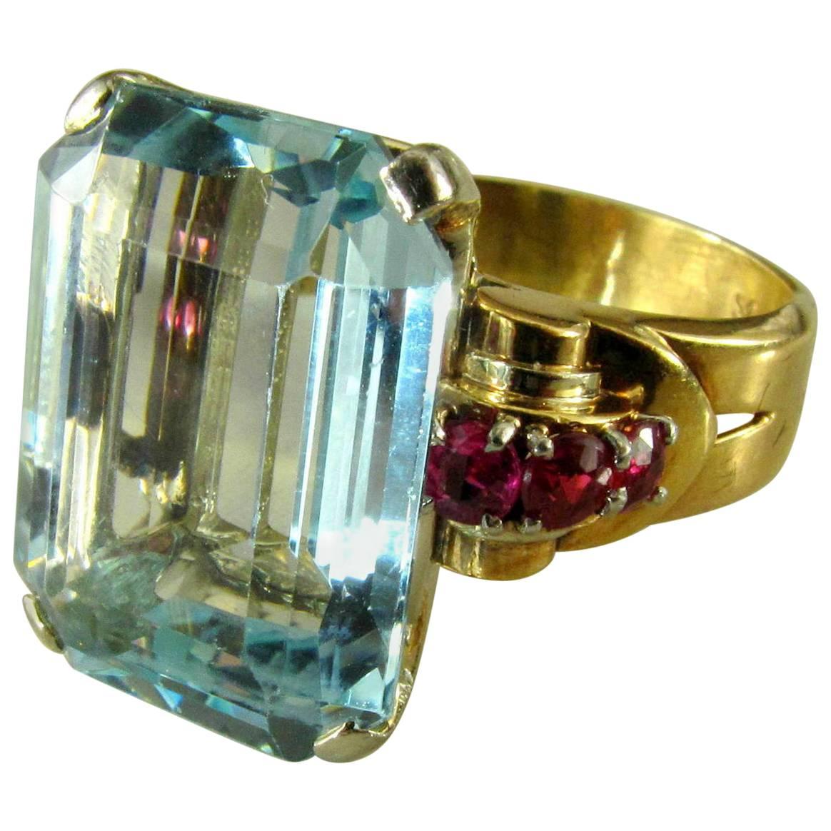 Aquamarine Ruby Retro 14 Karat Rose Gold Ring For Sale