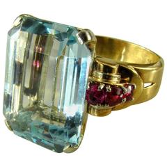 Aquamarine Ruby Retro 14 Karat Rose Gold Ring