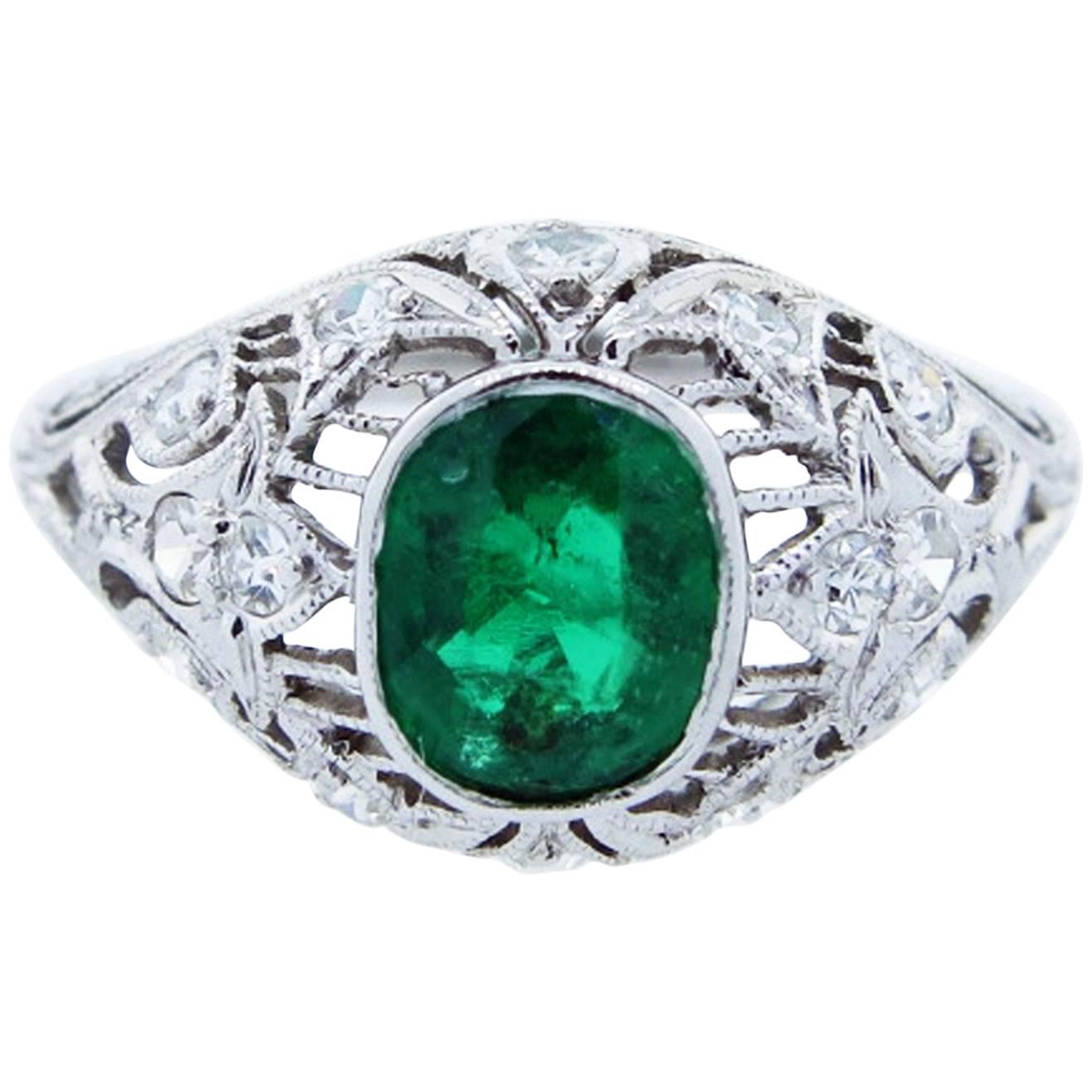 Art Deco Emerald Diamond Platinum Open Work Ring