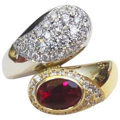 Michael Kneebone Ruby Pave Diamond Two Color Gold Bypass Ring 6