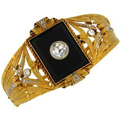 Victorian Black Onyx Diamond Yellow Gold Bangle Bracelet 1
