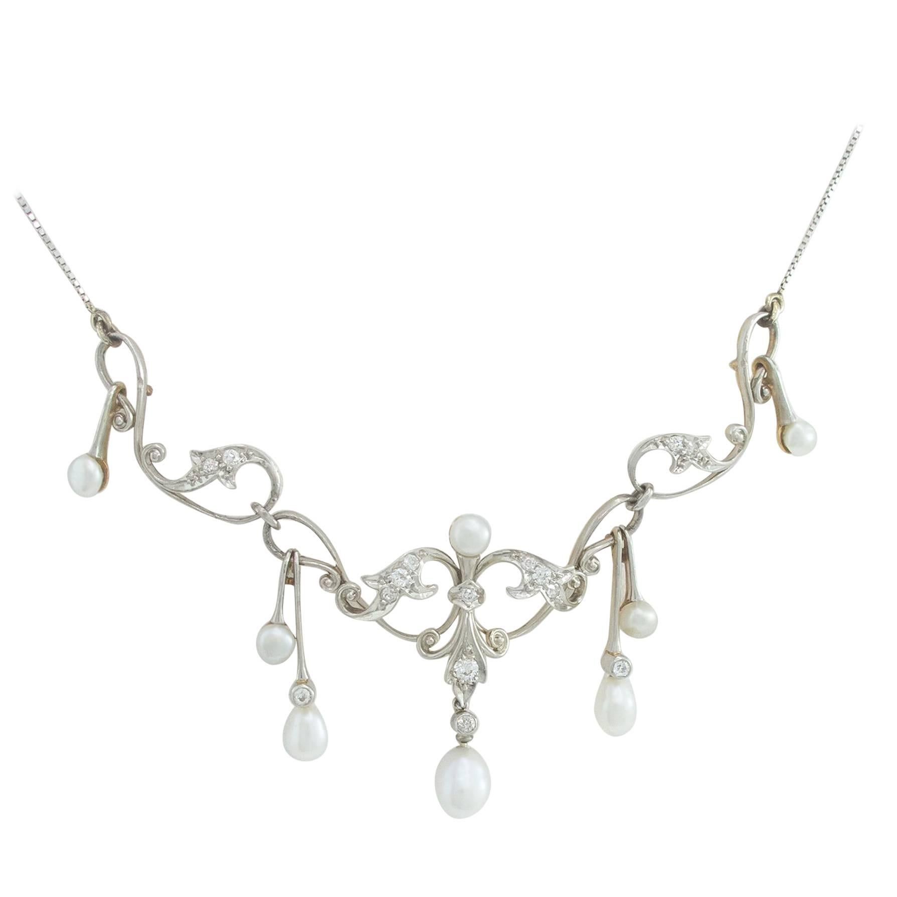 Edwardian Diamond Pearl Gold Garland Necklace For Sale