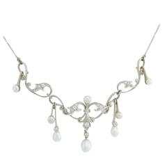 Antique Edwardian Diamond Pearl Gold Garland Necklace