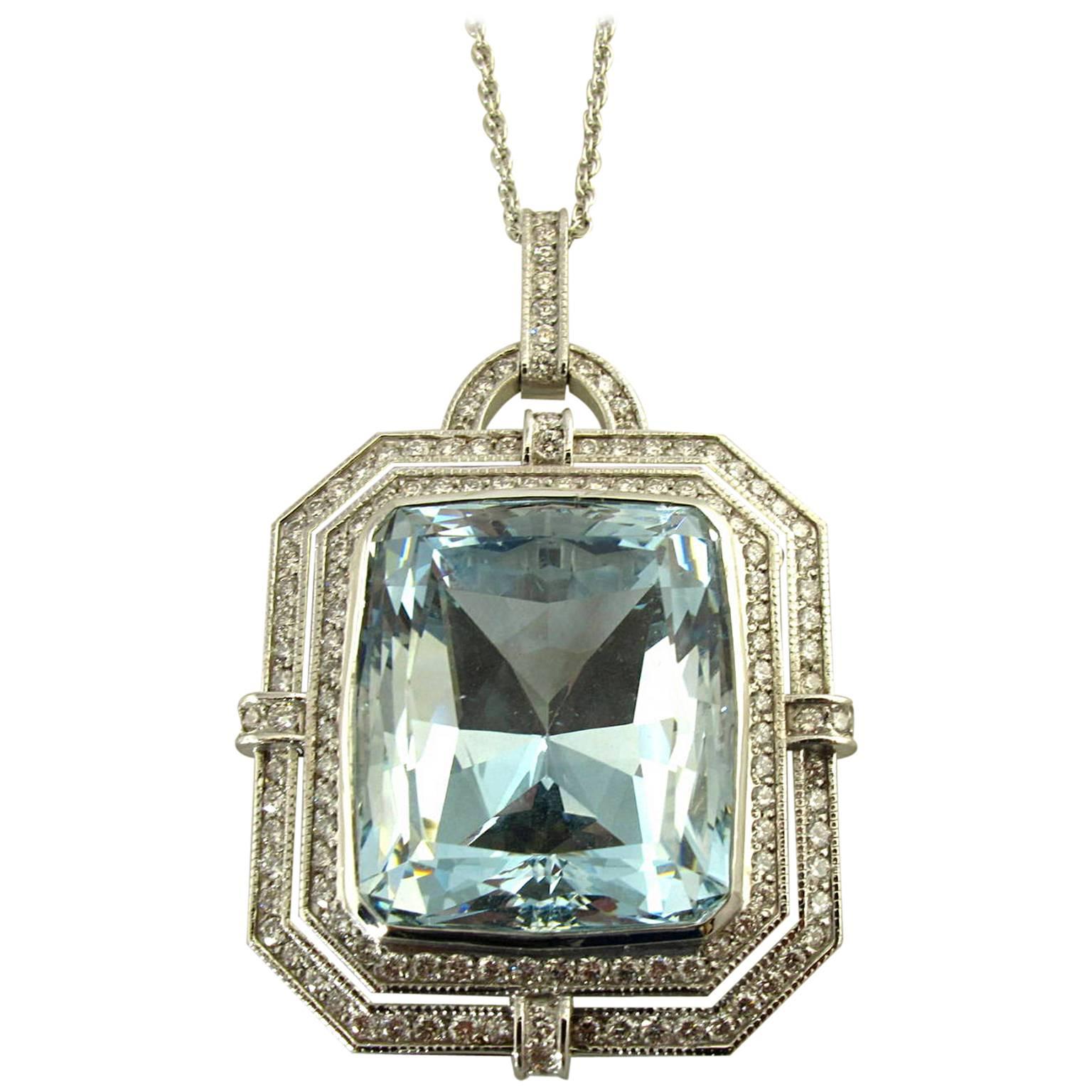 Aquamarine Diamond White Gold Pendant Necklace For Sale