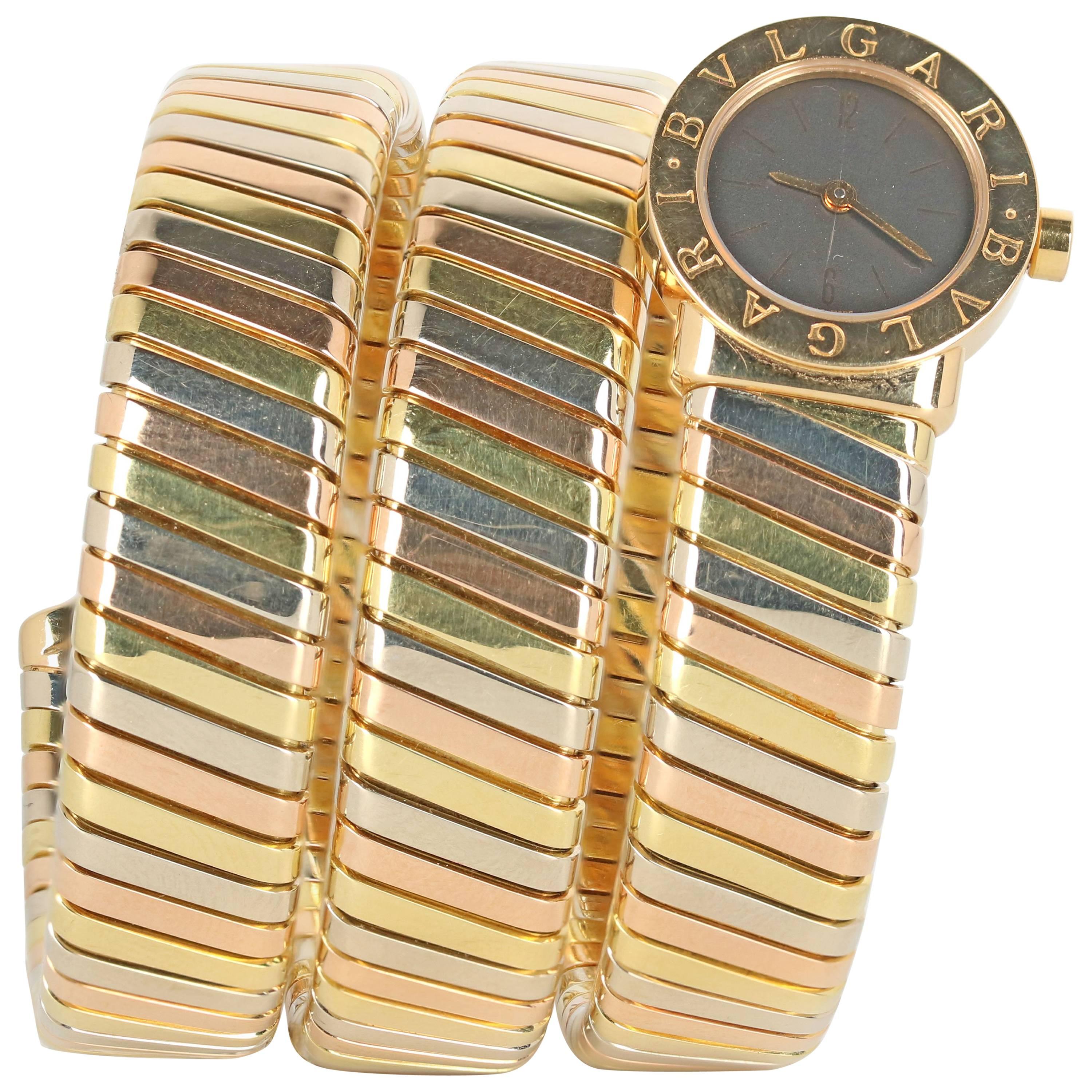 Bulgari Ladies Three Color Gold Tubogas Bracelet Wristwatch For Sale
