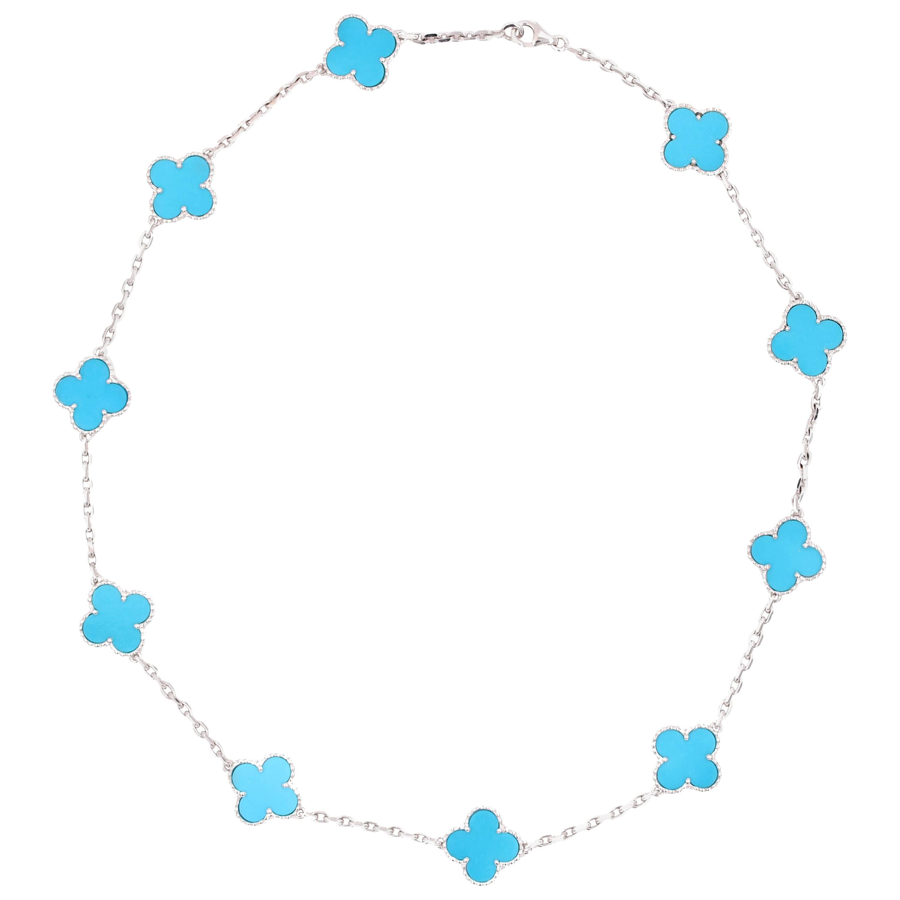 Van Cleef & Arpels Turquoise Alhambra White Gold Necklace