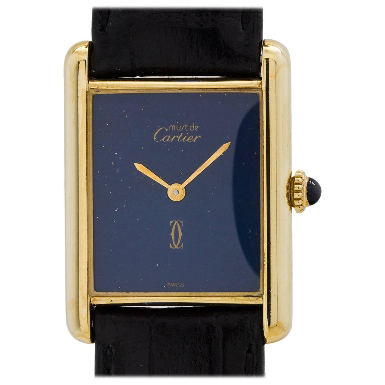 Cartier Vermeil Lapis Dial Tank Louis Manual Wind Wristwatch, circa 1970s