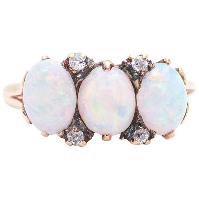 Victorian Opal Diamond Yellow Gold Trilogy Ring  For Sale