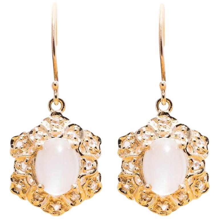 Moonstone Rose Cut Diamond Yellow Gold Earrings  For Sale