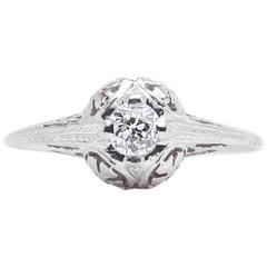 Elaborate Hand Engraved Floral Motif Diamond White Gold Engagement Ring
