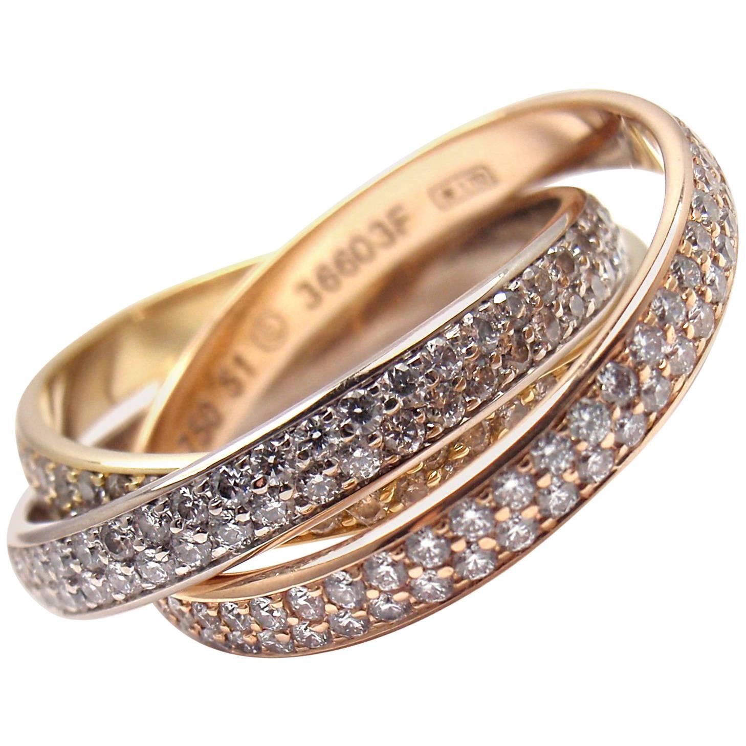 Cartier Pave Diamond Trinity Tricolor Gold Band Ring