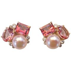 Michael Kneebone Pink Topaz Pink Pearl Diamond Gold Confetti Earrings
