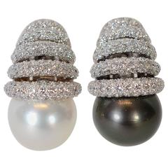 Vintage Black and White Pearl Diamonds Earrings