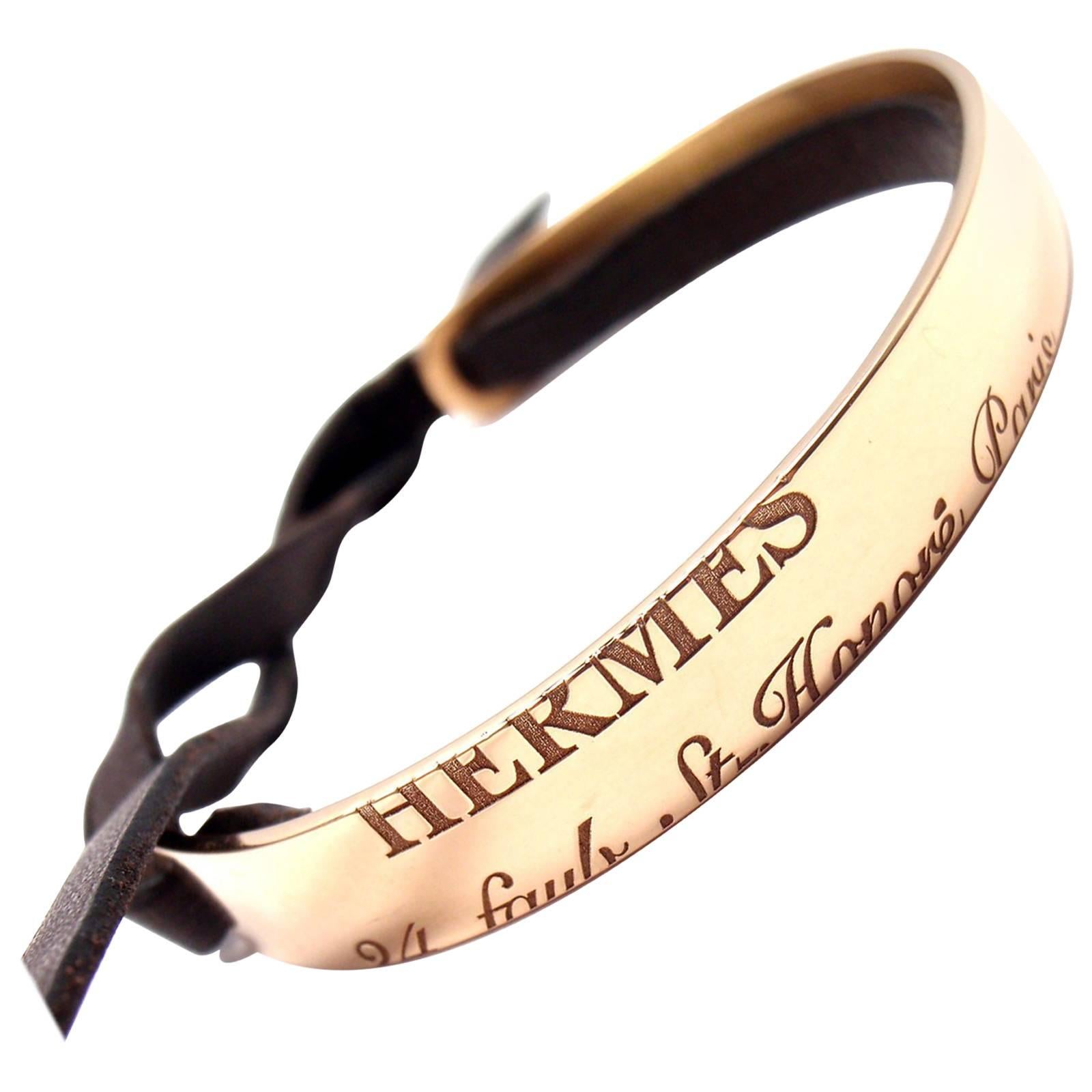 Hermes Paris Rose Gold and Black Leather Cuff Bracelet