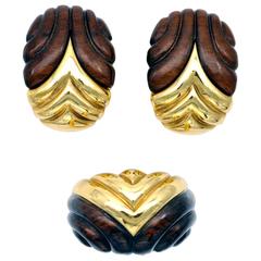 Wood and Yellow Gold Ring and Earrings Set 11