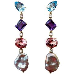Michael Kneebone Blue Topaz Amethyst Pink Topaz Keshi Pearl Dangle Earrings 10