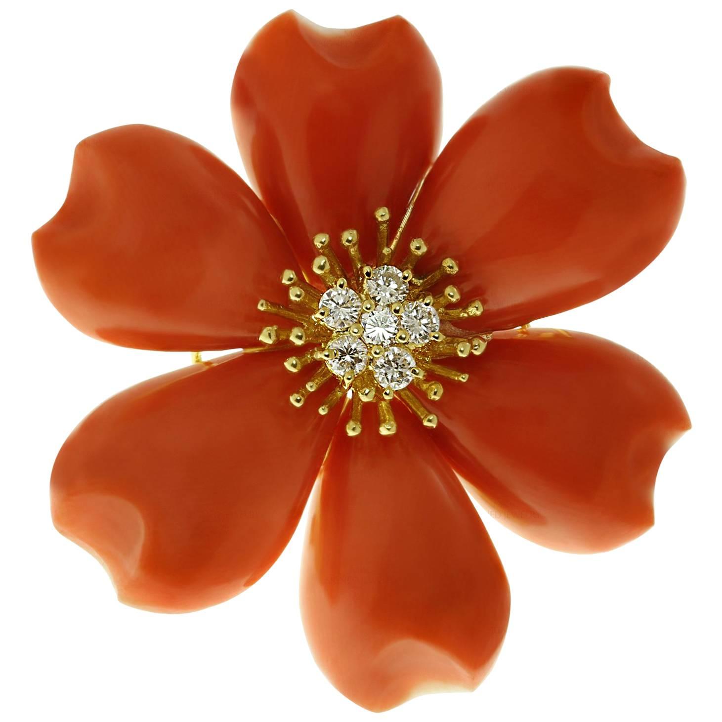 Natural Red Coral Diamond Yellow Gold Flower Brooch Pendant
